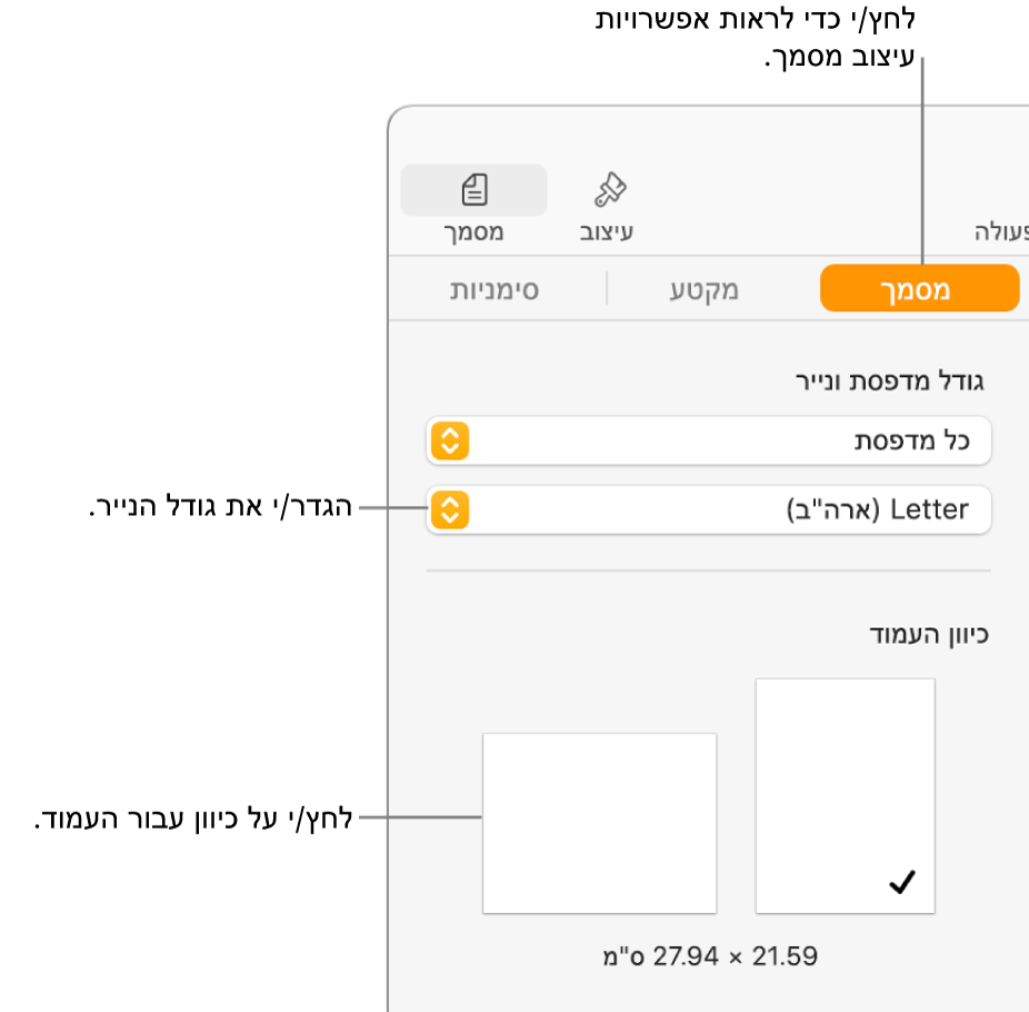 סרגל הצד ״מסמך״ כשהכרטיסייה ״מסמך״ בחלק העליון של סרגל הצד נבחרה. בסרגל הצד יש תפריט קופצני להגדרת גודל הנייר וכפתורים לכיווני עמוד לאורך ולרוחב.