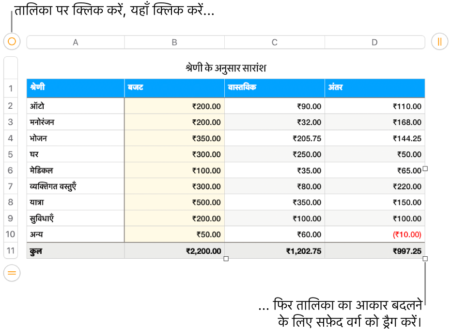 आकार बदलने के लिए सफ़ेद वर्गों के साथ चयनित टेबल।