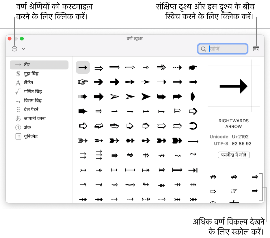 विस्तारित वर्ण व्यूअर बाईं ओर विशेष वर्ण और चिह्न, अलग-अलग श्रेणियों के चिह्नों के लिए मेनू दिखा रहा है और शीर्ष-दाएँ कोने में स्थित बटन आपको संक्षिप्त दृश्य पर लौटने देता है।