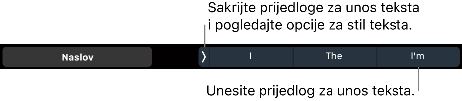 MacBook Pro Touch Bar s kontrolama za odabir stila teksta, skrivanje prijedloga za tipkanje i umetanje prijedloga za tipkanje.