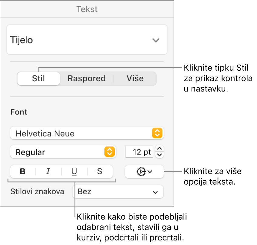 Kontrole Stila u rubnom stupcu Format s balončićima za tipke Podebljano, Kurziv, Podcrtano i Precrtano.