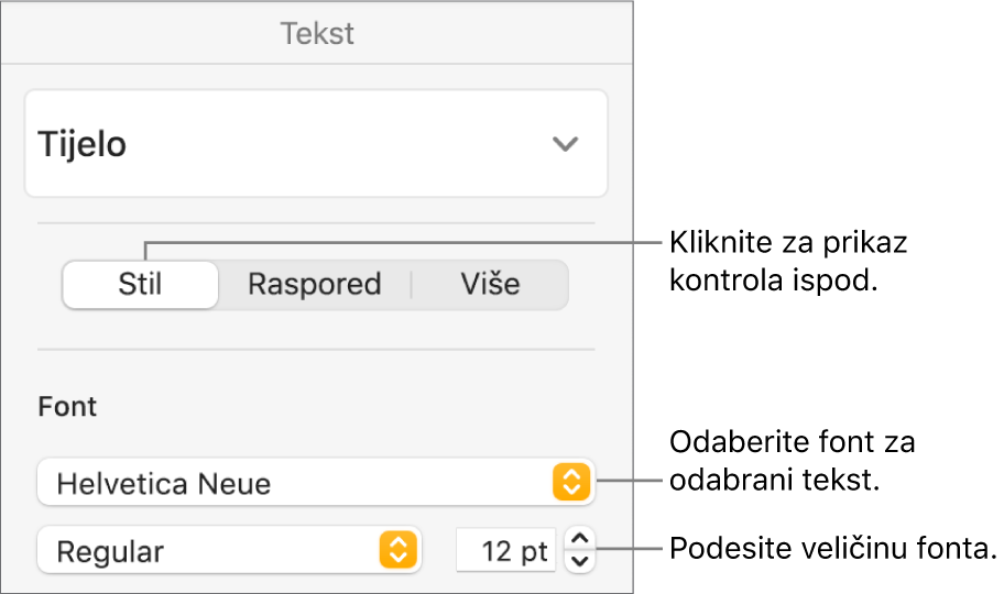 Kontrole teksta u odjeljku Stil rubnog stupca Formatiraj za namještanje fonta i veličine fonta.