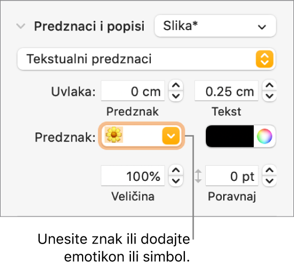 Odjeljak Grafičke oznake i popisi stupca Formatiraj. Polje Grafičke oznake prikazuje emotikon cvijeta.