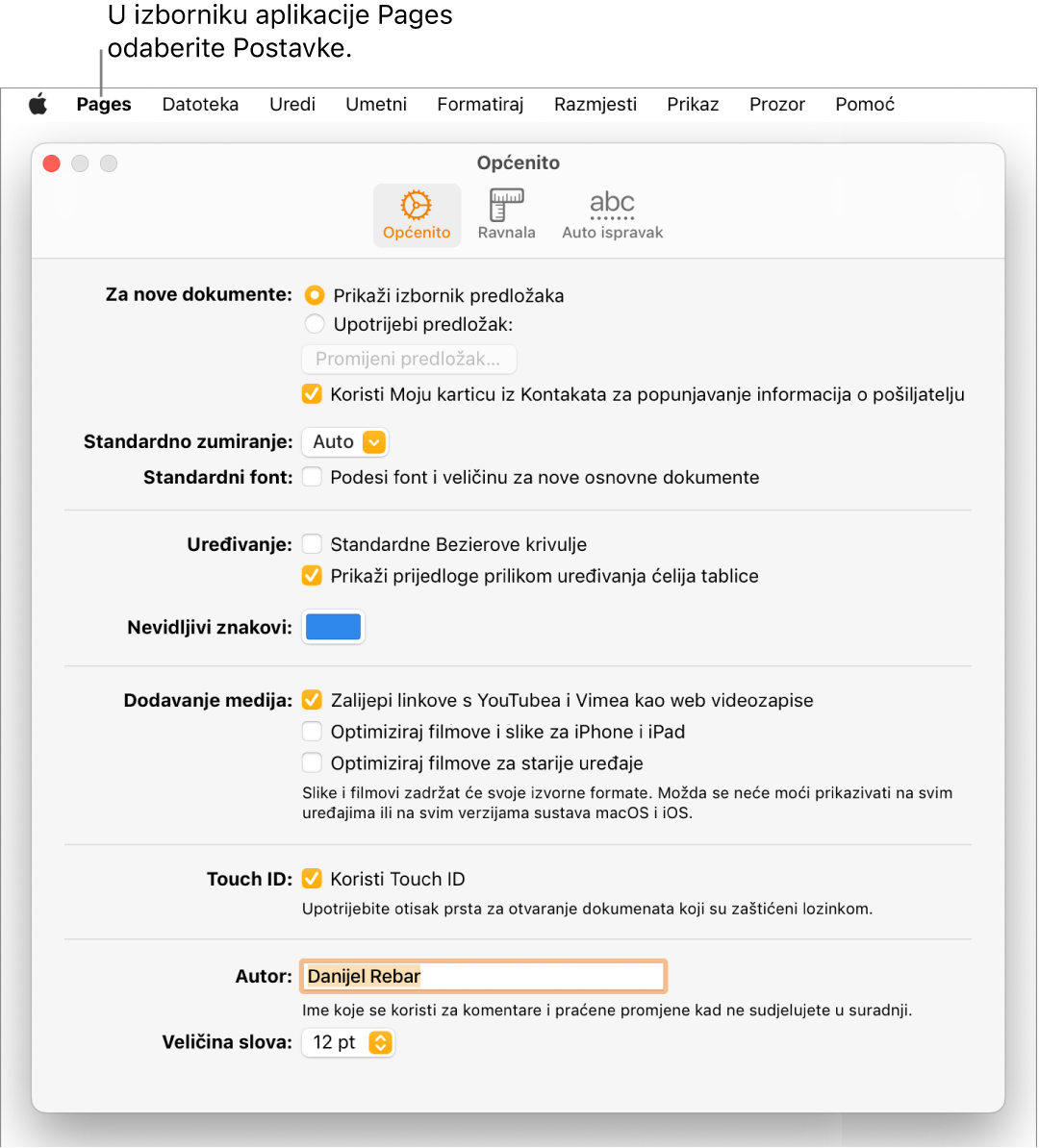 Prozor Postavki aplikacije Pages otvoren na kartici Općenito.