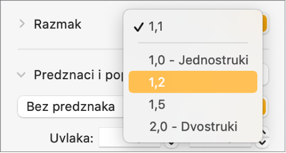 Skočni izbornik Razmak s opcijama Jednostruki, Dvostruki i drugim opcijama.