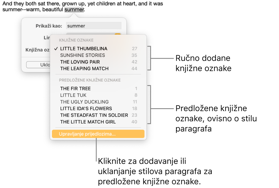 Popis knjižnih oznaka s ručno dodanim knjižnim oznakama na vrhu i predloženim knjižnim oznakama na dnu. Opcija Upravljanje prijedlozima je na dnu.