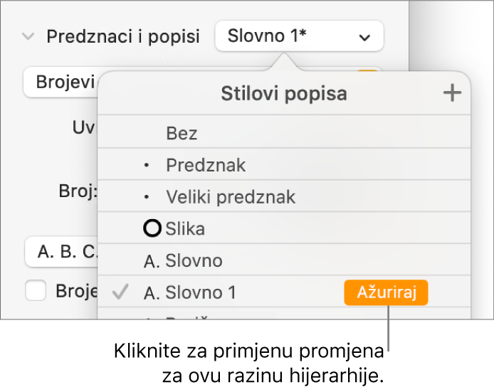 Skočni izbornik Stilovi popisa s tipkom Ažuriraj pokraj naziva novog stila.