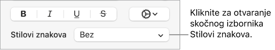 Skočni izbornik Stilovi znakova ispod kontrola za promjenu stila i boje teksta.