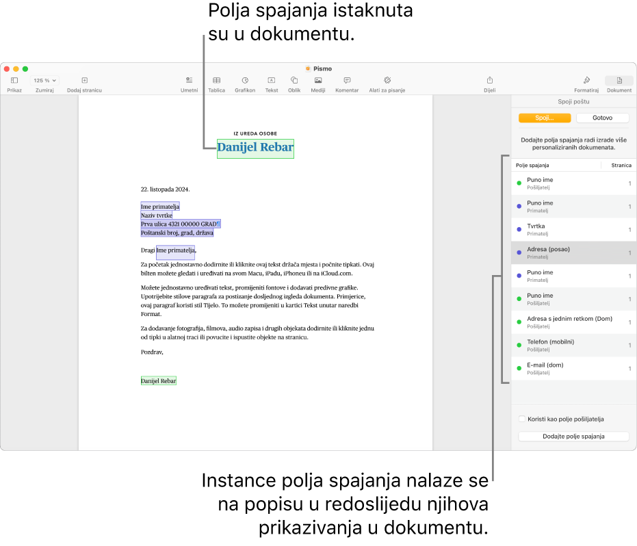 Dokument aplikacije Pages s poljima spajanja primatelja i pošiljatelja te popis instanci polja spajanja vidljiv u rubnom stupcu Dokument.