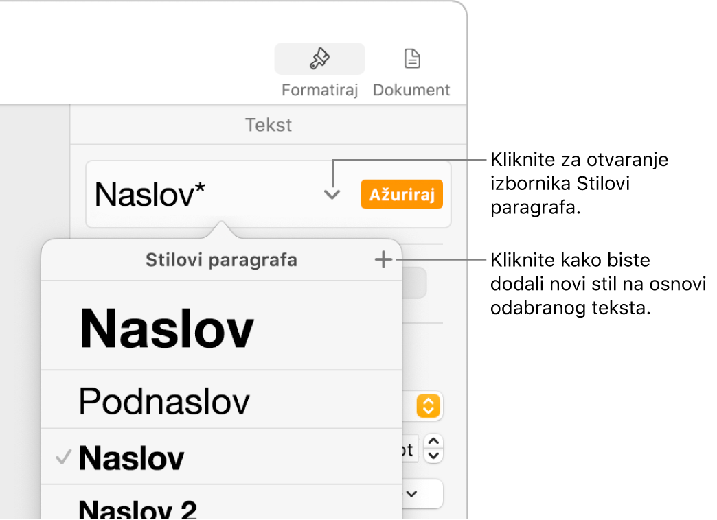 Izbornik Stilovi paragrafa s prikazanim kontrolama za dodavanje ili promjenu stila.
