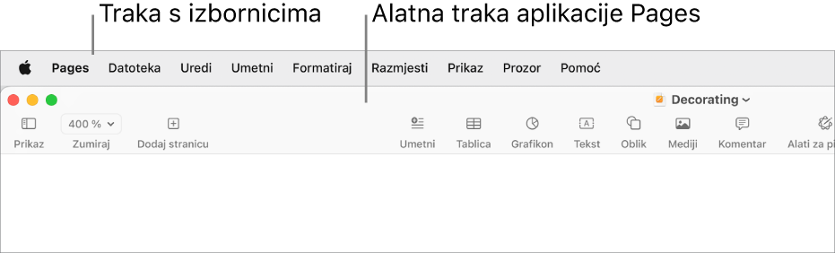 Traka izbornika na vrhu zaslona s izbornicima Apple, Pages, Datoteka, Uredi, Unesi, Formatiraj, Razmjesti, Prikaz, Dijeli, Prozor i Pomoć. Ispod trake izbornika nalazi se otvoreni dokument aplikacije Pages s tipkama alatne trake preko vrha za opcije Prikaz, Zumiraj, Dodaj stranicu, Unesi, Tablica, Grafikon, Tekst, Oblik, Mediji i Komentar.