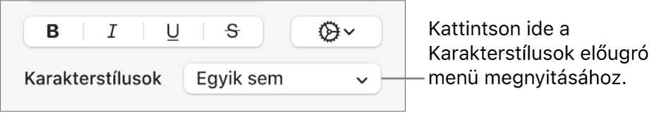 A Karakterstílusok előugró menü.