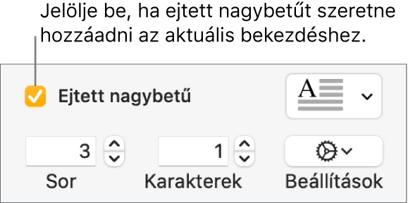 Az Ejtett nagybetű jelölőnégyzet be van jelölve, a négyzet jobb oldalán egy előugró menü látható, a menü alatt pedig a sorok magasságának, a karakterek számának és az egyéb lehetőségeknek beállítására szolgáló vezérlők jelennek meg.