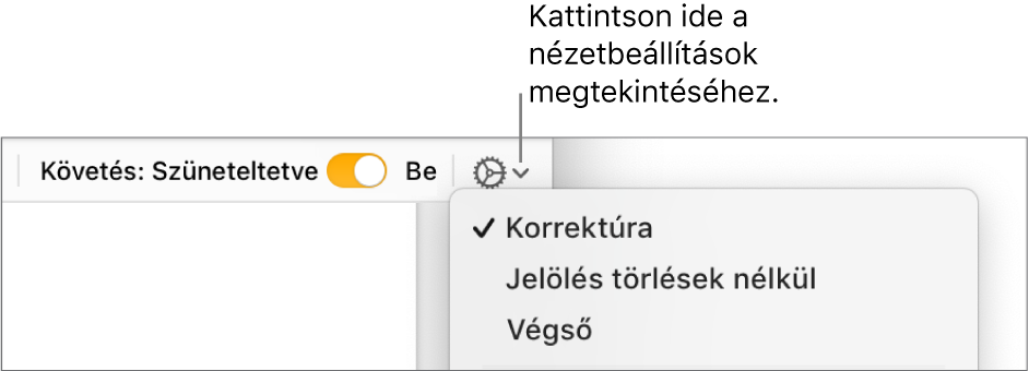 A korrektúrabeállításokat tartalmazó menü, amelyben a Korrektúra, a Jelölés törlések nélkül és a Végső menüopciók láthatók.