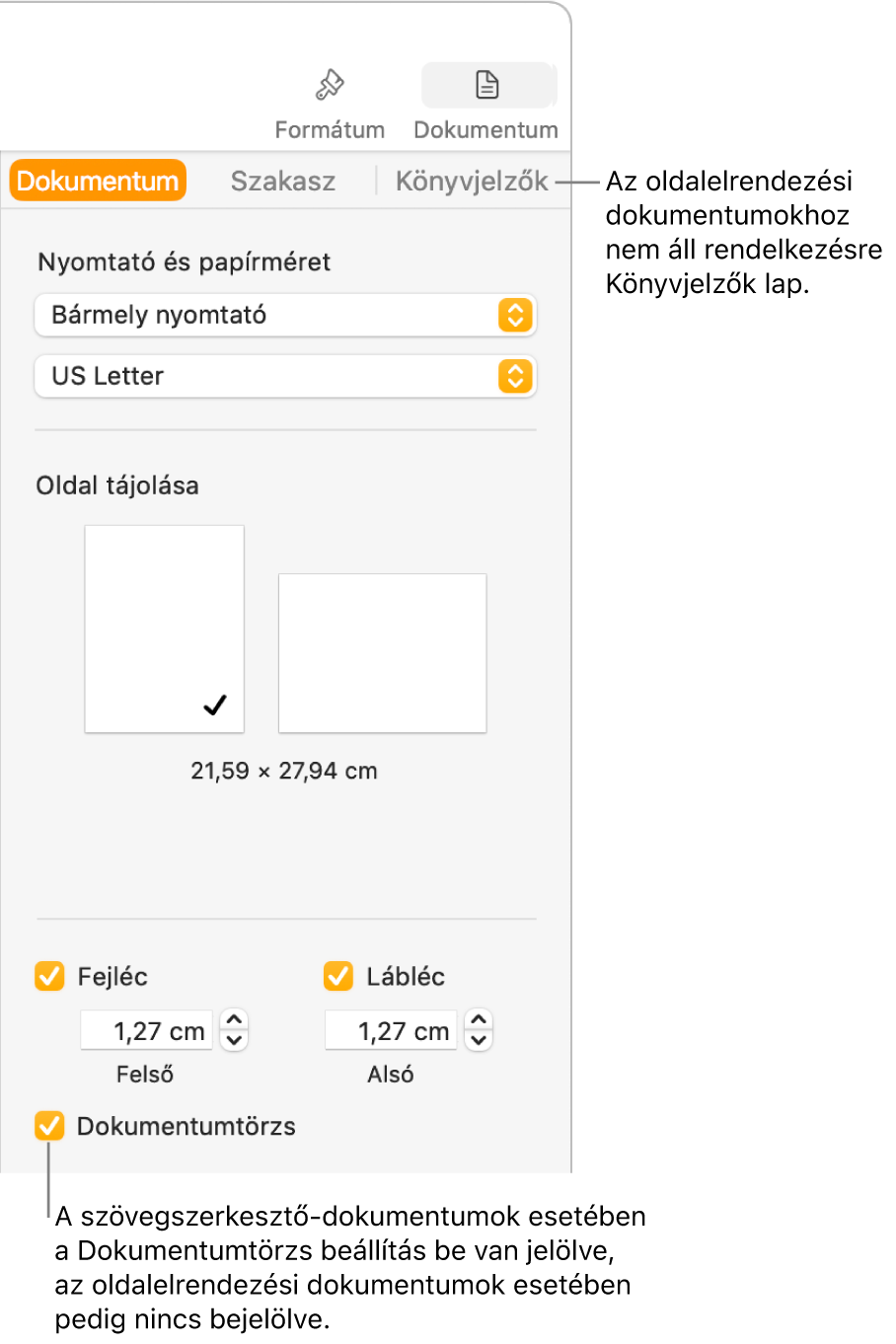 A Formátum oldalsáv, amelynek tetején a Dokumentum, Szakasz és a Könyvjelzők lap látható. A Dokumentum lap van kiválasztva, és a Könyvjelzők lapra mutató felirat azt jelzi, hogy az oldalelrendezési dokumentumokhoz nem áll rendelkezésre Könyvjelzők lap. A Dokumentumtörzs jelölőnégyzet be van jelölve, amely azt mutatja, hogy ez egy szövegszerkesztő-dokumentum.