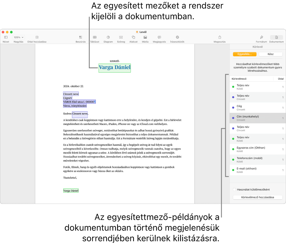 Egy Pages-dokumentum címzett és feladó Körlevélmezőkkel. A körlevélmező előfordulási lista a Dokumentum oldalsávon látható.