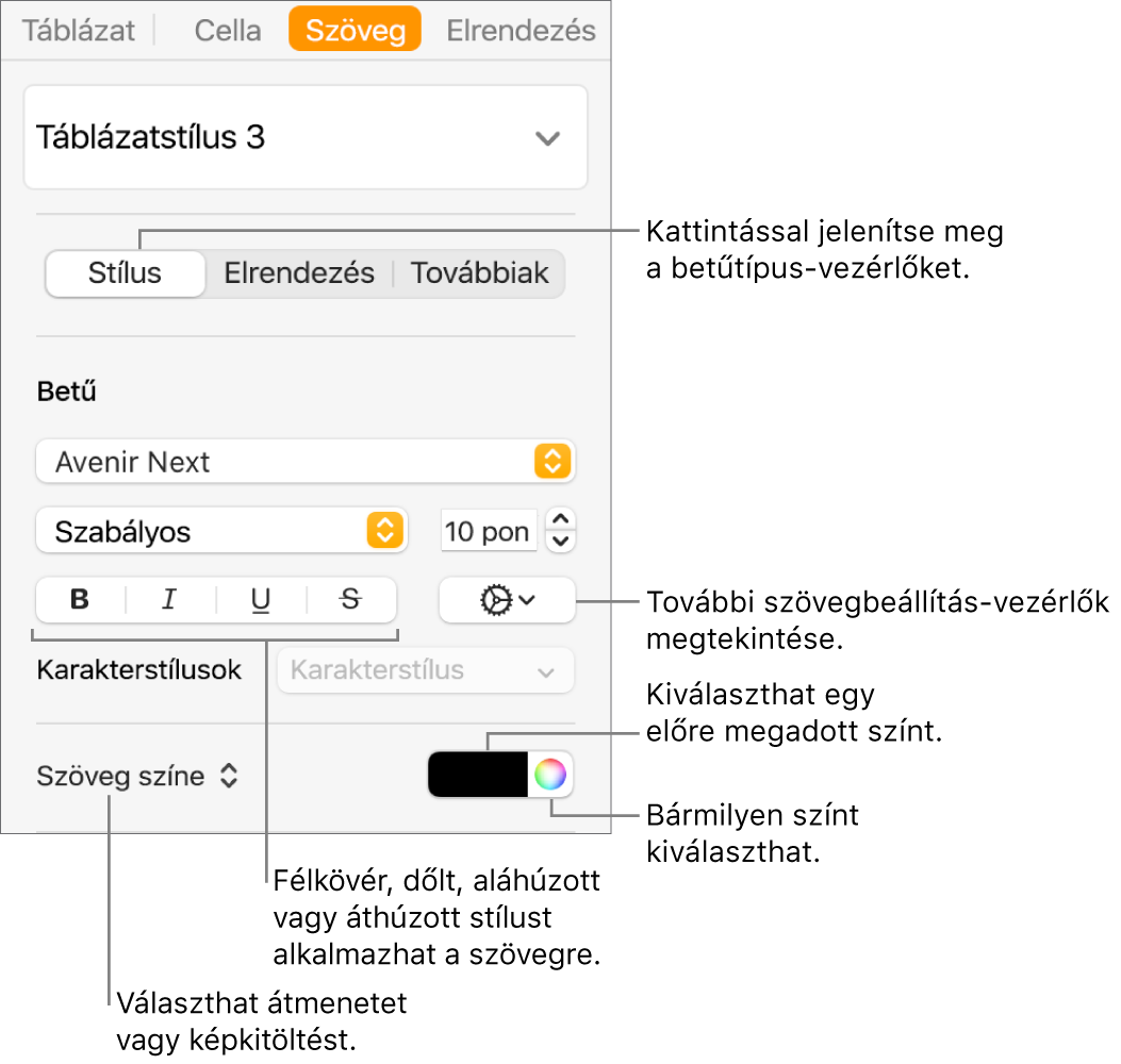A táblázatszöveg stílusának beállítására szolgáló vezérlők.