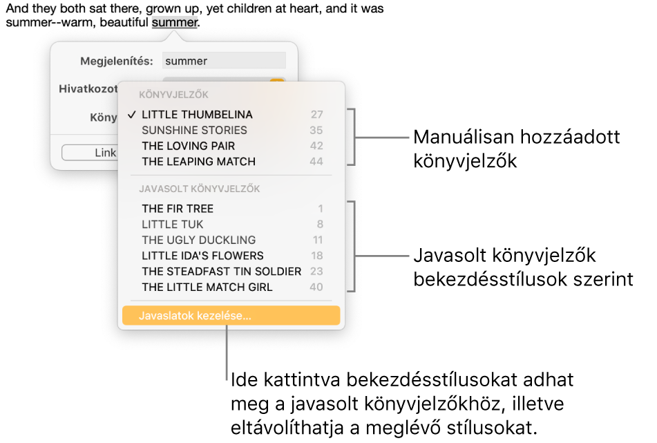 A manuálisan létrehozott könyvjelzők listája felül, a javasolt könyvjelzők pedig alul láthatók. A Javaslatok kezelése beállítás alul található.