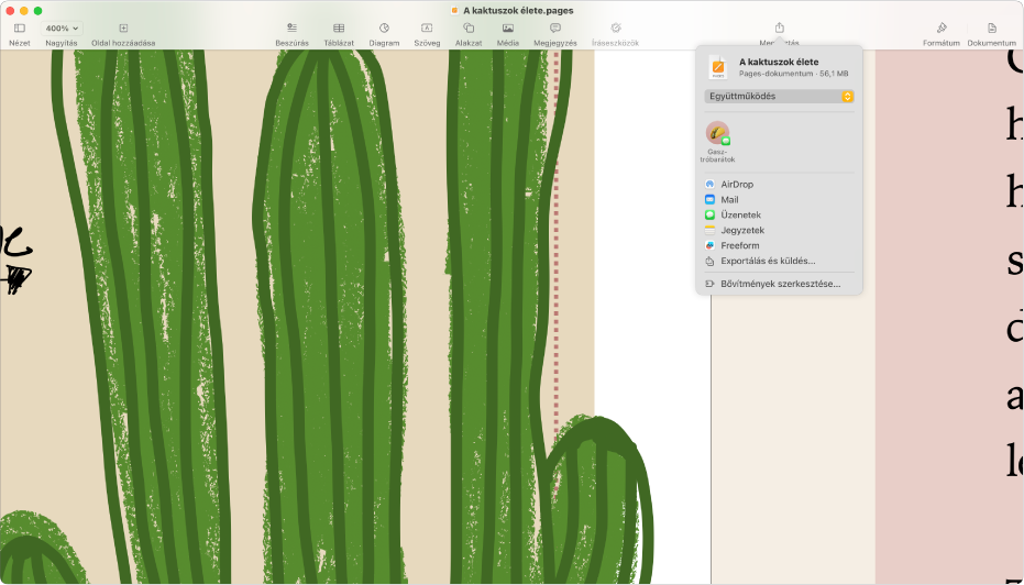 Egy megnyitott dokumentum a megnyitott Megosztás menüvel.