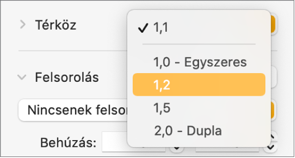 A Térköz előugró menü a Szimpla, Dupla és más beállításokkal.