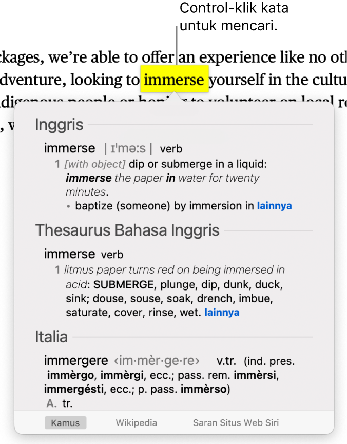 Paragraf dengan kata yang disorot dan jendela yang menampilkan definisinya dan entri tesaurus. Tombol di bagian bawah jendela memberikan tautan ke kamus, Wikipedia, dan situs web yang disarankan oleh Siri.