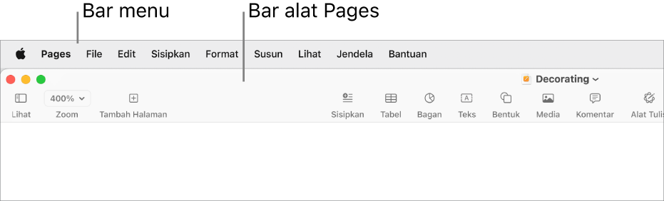 Bar menu di bagian atas layar dengan menu Apple, Pages, File, Edit, Sisipkan, Format, Susun, Lihat, Bagikan, Jendela, dan Bantuan. Di bawah bar menu adalah dokumen Pages yang terbuka dengan tombol bar alat di sepanjang bagian atas untuk Lihat, Zoom, Tambah Halaman, Sisipkan, Tabel, Bagan, Teks, Bentuk, Media, dan Komentar.