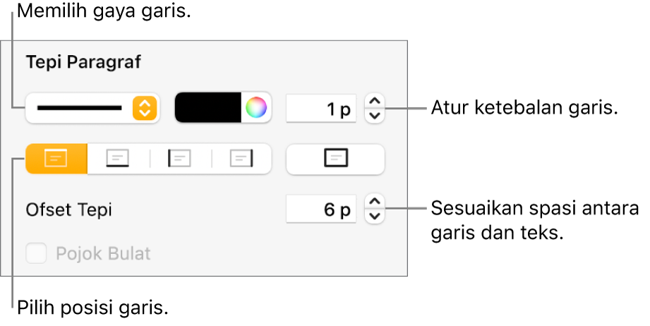 Kontrol untuk mengubah gaya, ketebalan, posisi, dan warna garis.