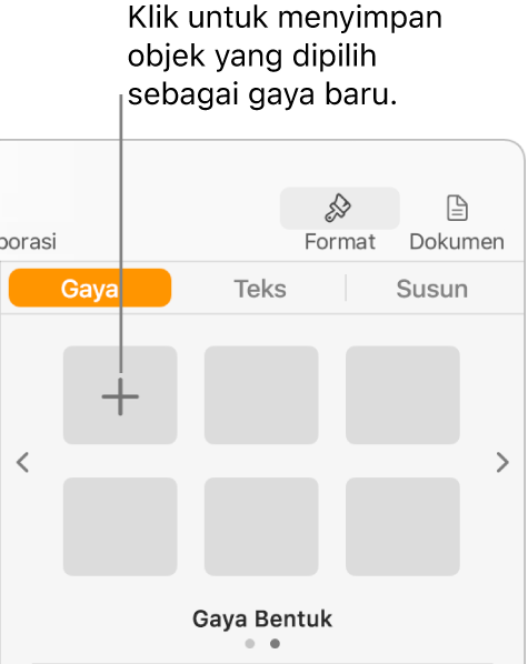 Tab Gaya bar samping Format, dengan tombol Buat Gaya di pojok kiri atas dan lima placeholder gaya kosong.