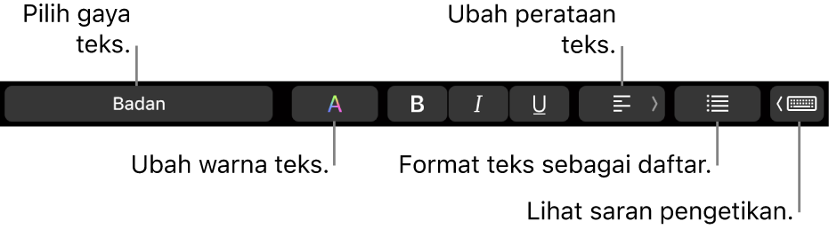 Touch Bar MacBook Pro dengan kontrol untuk memilih gaya teks, mengubah warna teks, mengubah perataan teks, memformat teks sebagai daftar, dan menampilkan saran pengetikan.