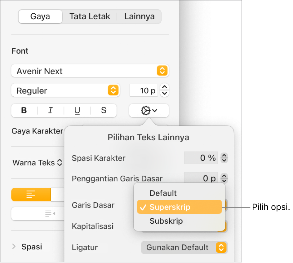 Menu Pilihan Lanjutan dengan menu pop-up Garis Dasar dibuka dan menampilkan item menu Default, Superskrip, dan Subskrip.