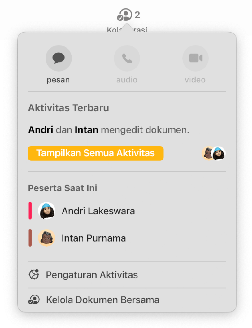 Menu kolaborasi menampilkan nama orang yang berkolaborasi di dokumen.