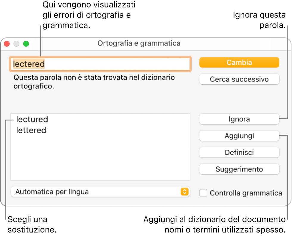 Finestra “Ortografia e grammatica”.