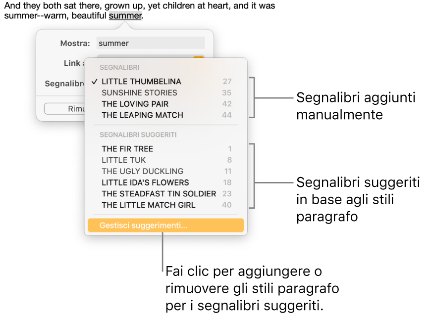 L’elenco dei segnalibri con i segnalibri aggiunti manualmente nella parte superiore e, sotto, i segnalibri suggeriti. In basso è visibile l’opzione “Gestisci suggerimenti”.