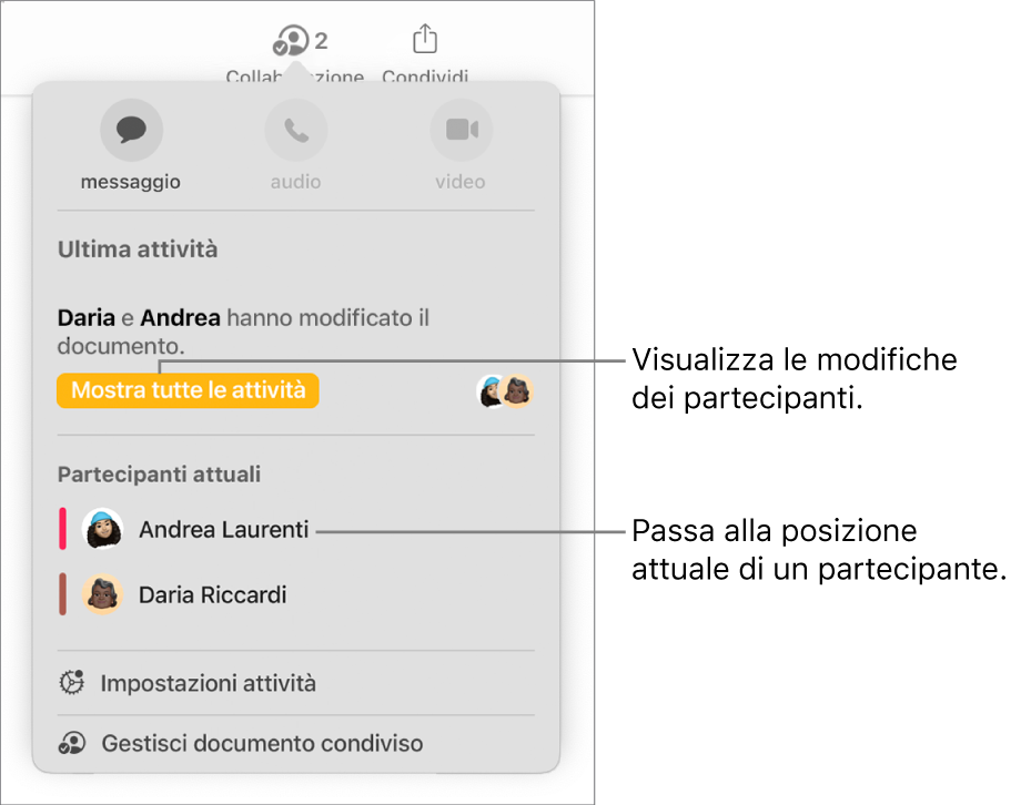 Il menu per la collaborazione con due partecipanti attuali.