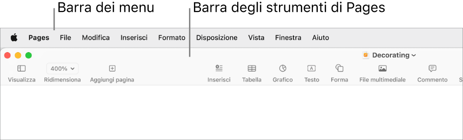 Barra dei menu nella parte superiore dello schermo con i menu Apple, Pages, File, Modifica, Inserisci, Formato, Disposizione, Visualizza, Finestra e Aiuto. Sotto la barra dei menu si trova un documento di Pages aperto con i pulsanti della barra strumenti nella parte superiore Visualizza, Ridimensiona, Aggiungi Pagina, Inserisci, Tabella, Grafico, Testo, Forma, Multimedia, Commento, Condividi e Formato.