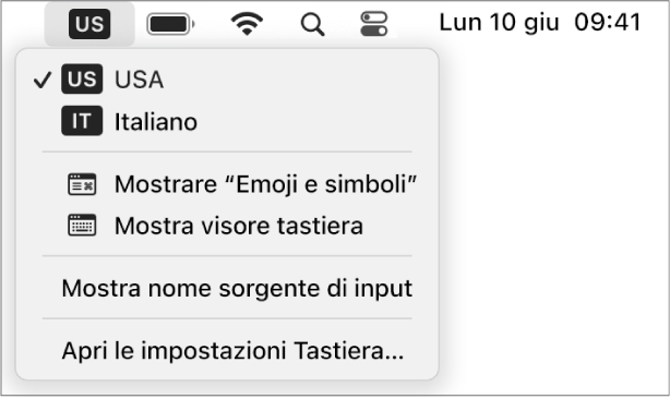 Menu Input nell’angolo superiore destro della barra dei menu.