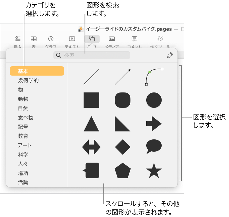 図形ライブラリ。左側にカテゴリ、右側に図形が表示されています。上部の検索フィールドを使って図形を探したり、スクロールしてほかの図形を表示したりできます。