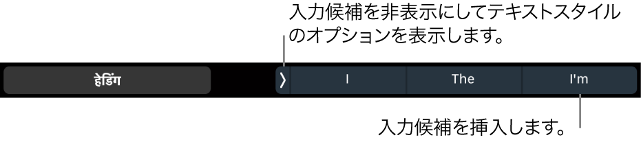 MacBook ProのTouch Bar。テキストスタイルを選択したり、入力候補を非表示にしたり、入力候補を挿入したりするコントロールがあります。