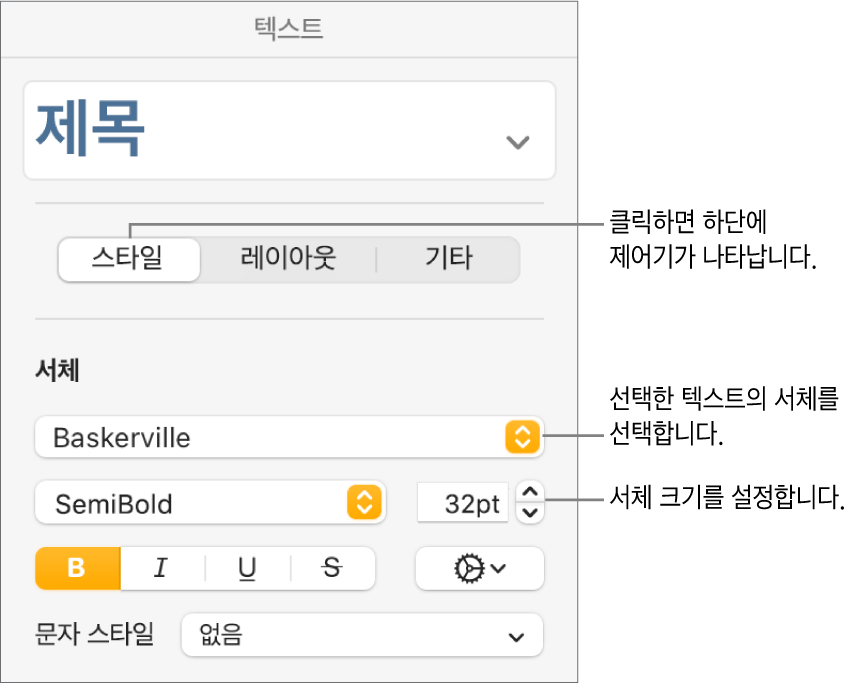 서체 및 서체 크기 설정을 위한 포맷 사이드바 스타일 섹션의 텍스트 제어기.