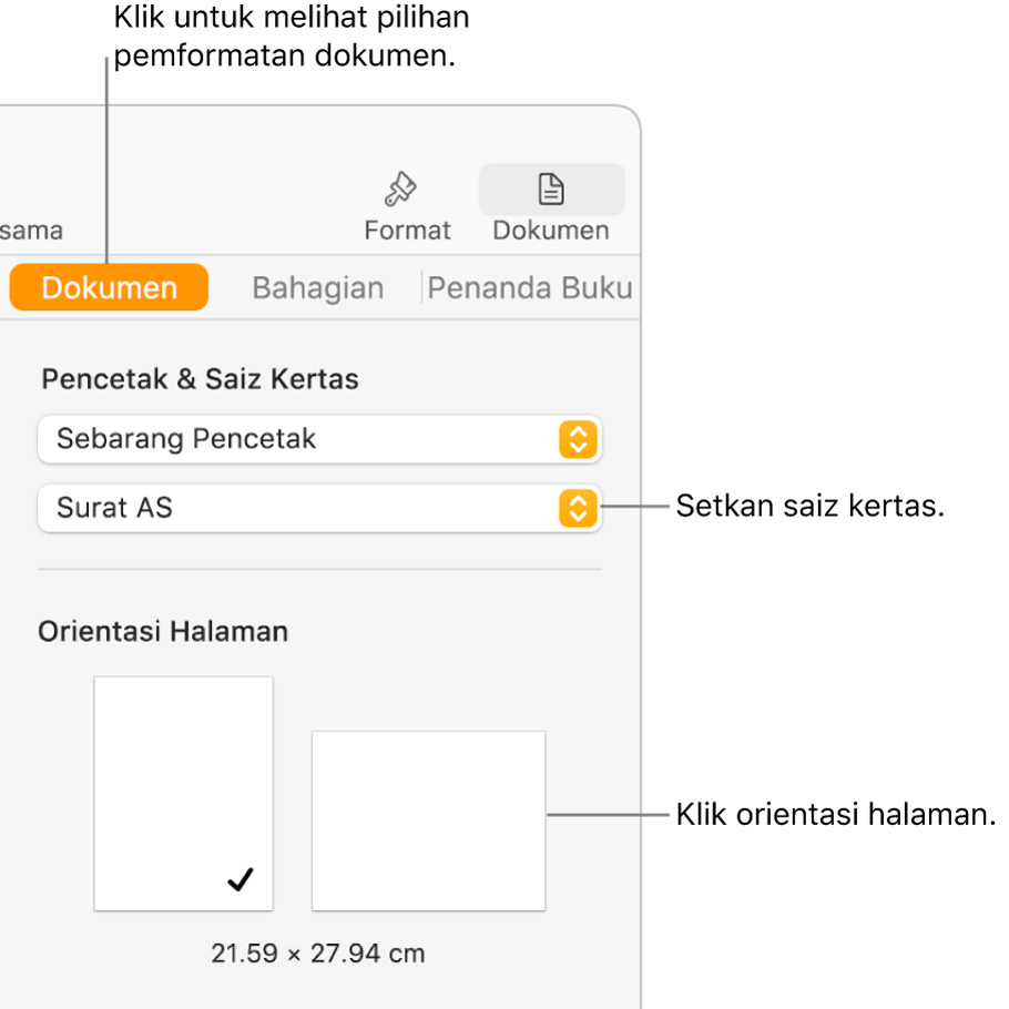 Bar sisi Dokumen dengan tab Dokumen di bahagian atas bar sisi dipilih. Dalam bar sisi ialah menu timbul untuk mengesetkan saiz kertas dan butang untuk orientasi halaman potret dan landskap.