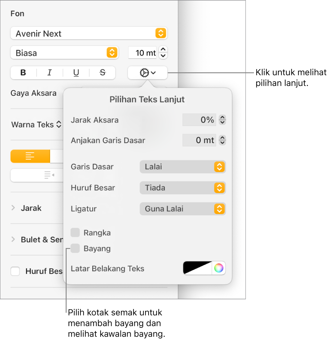 Menu Pilihan Lanjutan terbuka dan kotak semak Bayang dipilih dan kawalan untuk mengesetkan kabur, ofset, kelegapan, sudut dan warna.