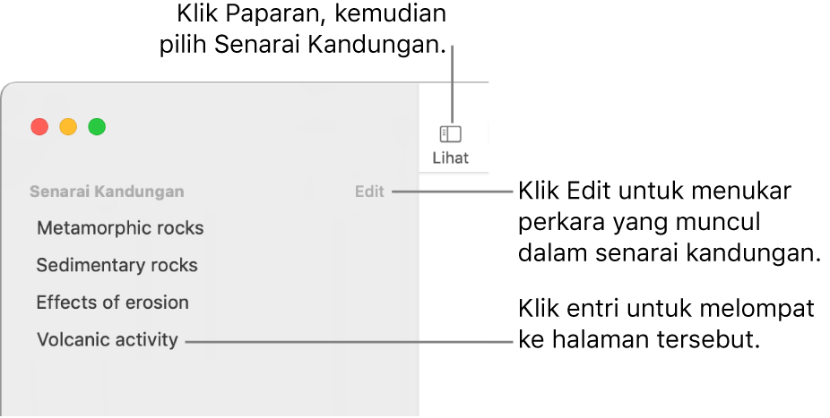 Senarai kandungan pada sebelah kiri tetingkap Pages dengan butang Edit di penjuru kanan atas bar sisi dan entri senarai kandungan dalam senarai.