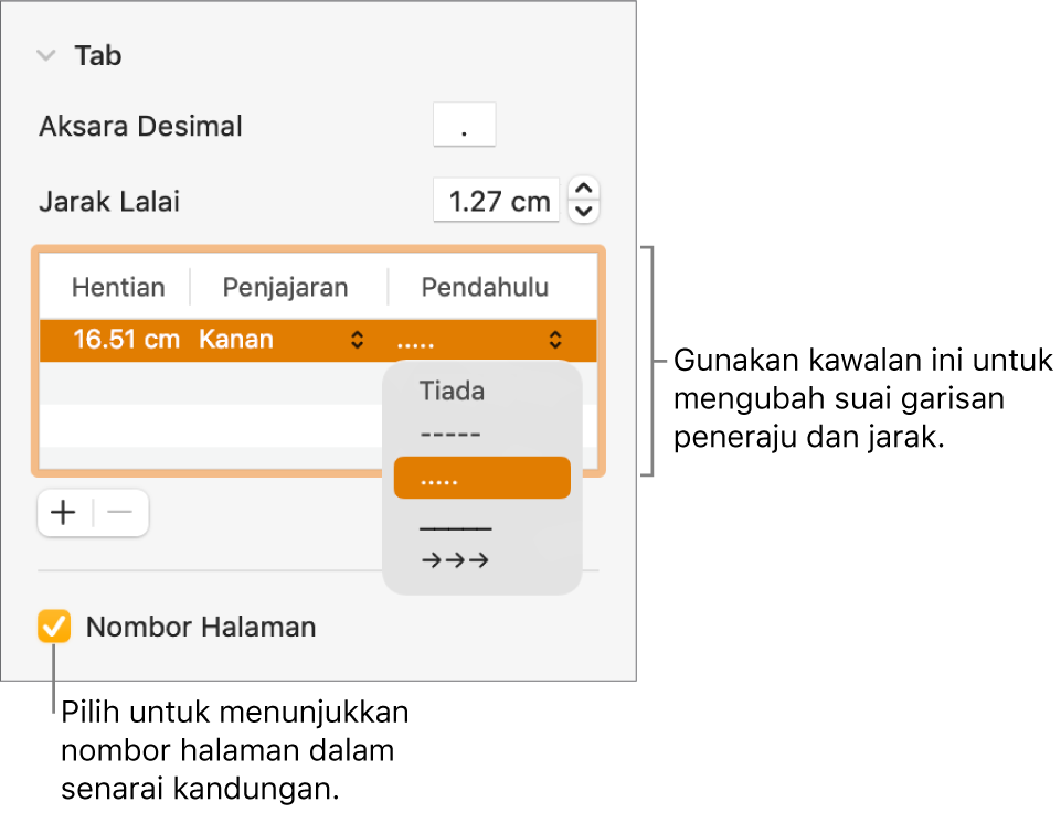 Bahagian Tab daripada bar sisi Format. Di bawah Jarak Lalai adalah jadual dengan lajur Hentian, Penjajaran dan Peneraju. Kotak semak Nombor Halaman kelihatan sebagai dipilih dan kelihatan di bawah jadual.