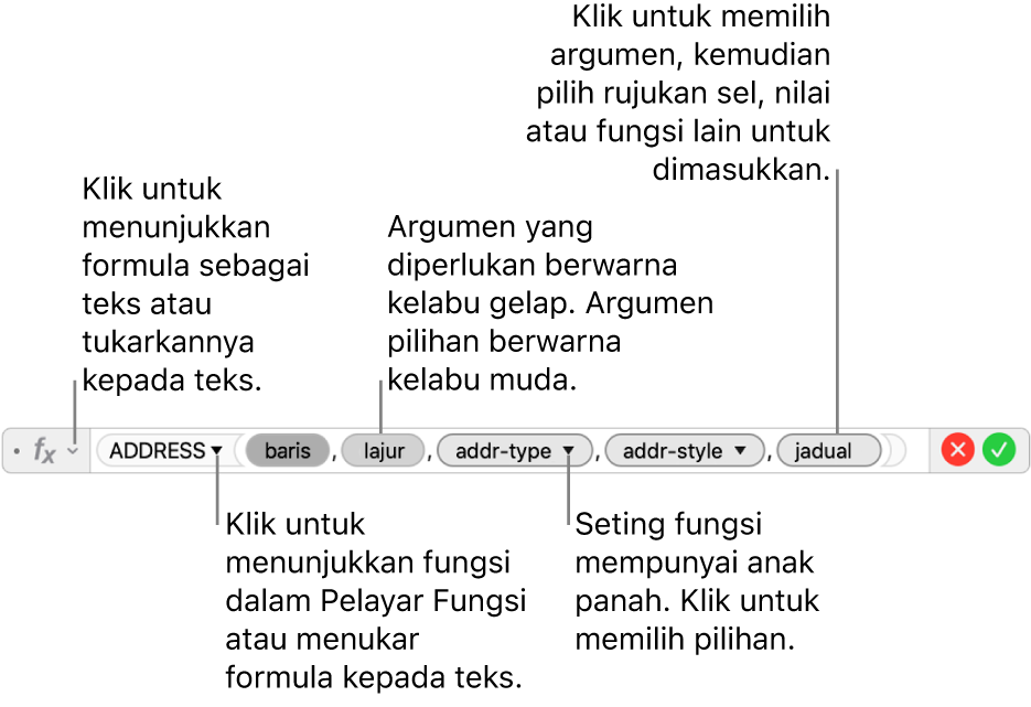 Editor Formula menunjukkan fungsi ADDRESS dan token argumennya.