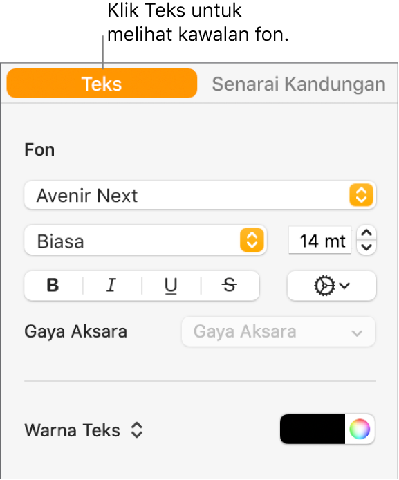 Bar sisi Format dengan tab Teks dipilih dan kawalan fon untuk menukar fon, saiz fon dan menambah gaya aksara.