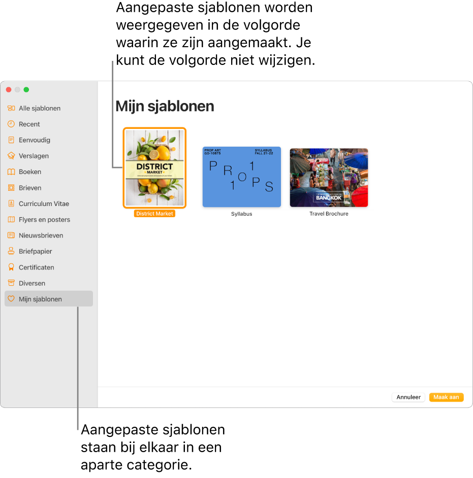 De sjabloonkiezer met 'Mijn sjablonen' onderaan in de lijst met categorieën aan de linkerkant. Aangepaste sjablonen worden weergegeven in de volgorde waarin ze zijn aangemaakt. De volgorde kan niet worden gewijzigd.