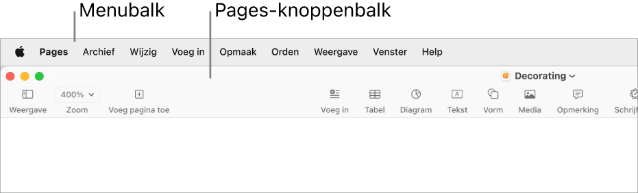 De menubalk boven in het scherm met de volgende menu's: Apple, Pages, Archief, Wijzig, Voeg in, Opmaak, Orden, Weergave, Venster en Help. Onder de menubalk wordt een Pages-document weergegeven met bovenaan een knoppenbalk met knoppen voor Weergave, Zoom, Voeg pagina toe, Voeg in, Tabel, Diagram, Tekst, Vorm, Media, Opmerking, Deel en Opmaak.