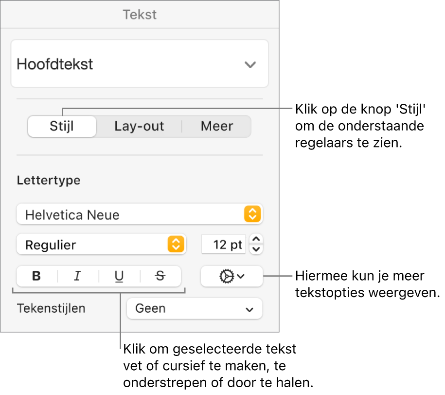 De stijlregelaars in de navigatiekolom 'Opmaak' met uitleg bij de knoppen 'Vet', 'Cursief', 'Onderstreept' en 'Doorgehaald'.