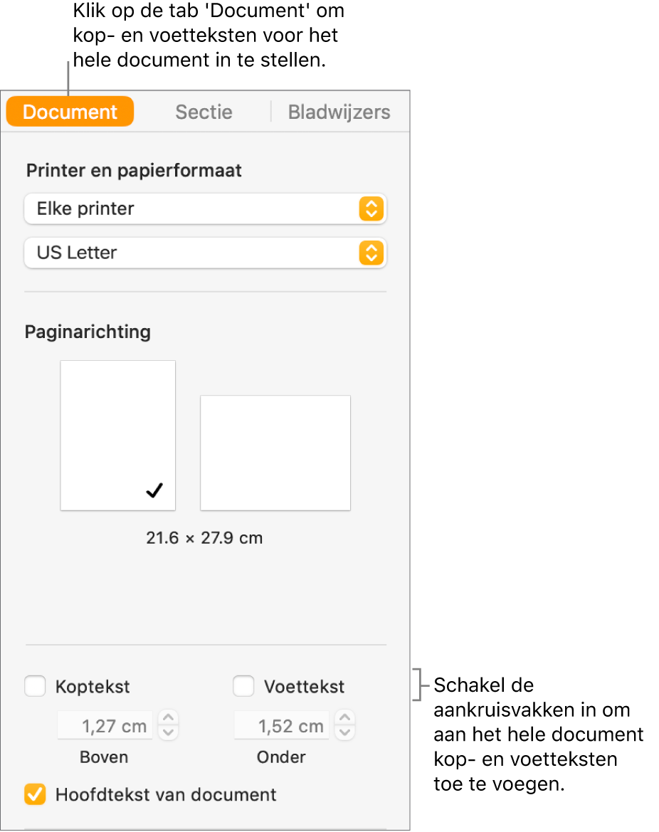 De navigatiekolom 'Document' waarin bovenaan de tab 'Document' is geselecteerd. Onder de aankruisvakken 'Koptekst' en 'Voettekst' staan pijlen waarmee je de afstand van de kop- en voettekst tot de boven- en onderkant van de pagina kunt wijzigen.