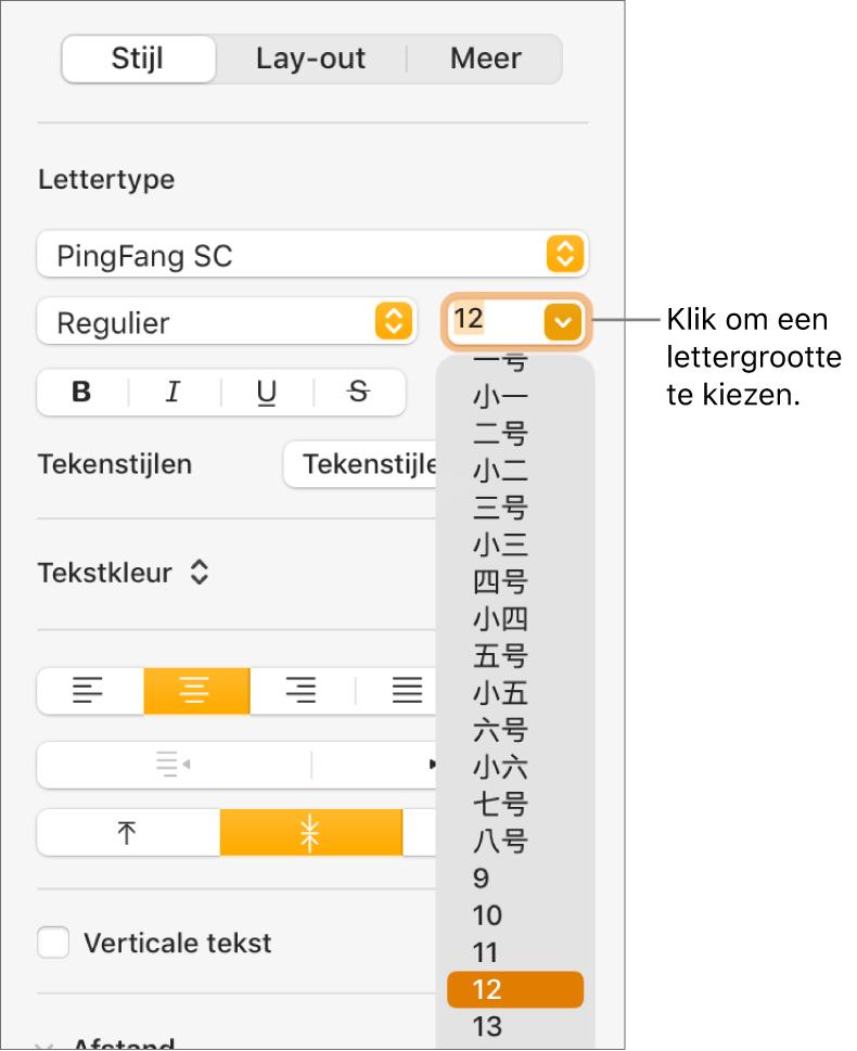 Het gedeelte 'Stijl' van de navigatiekolom 'Opmaak' met het lettergroottepop‑upmenu geopend. De lettergrootten die door de overheid van het vasteland China zijn voorgeschreven staan boven in het pop‑upmenu, gevolgd door puntgrootten.